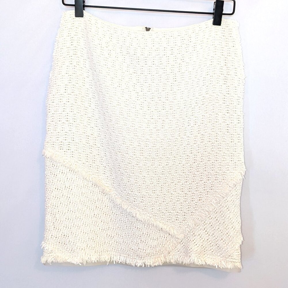 Elie Tahari | Tweed Fringe Detail Pencil Skirt in Cream Office Boho | Size 4